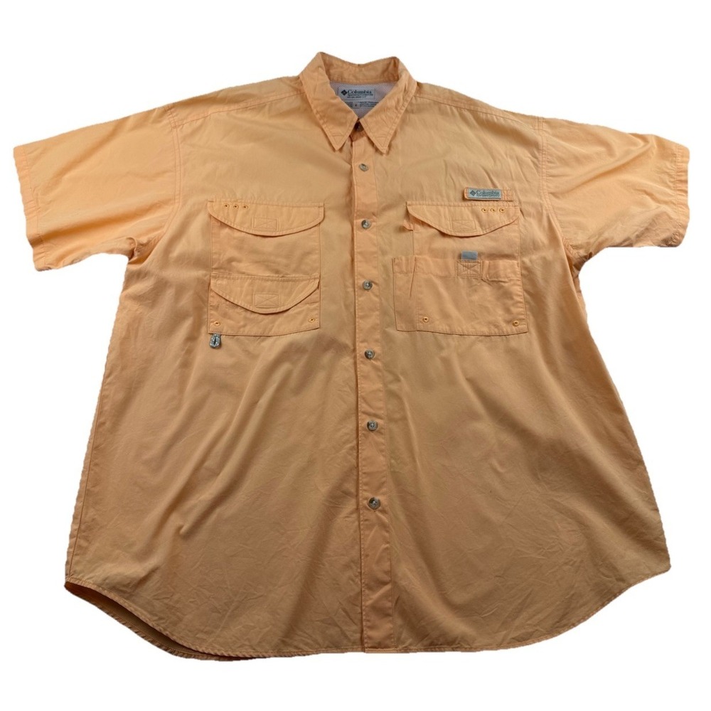 Columbia Button Up Shirt Mens L Orange PFG Short Sleeve Fishing Vented